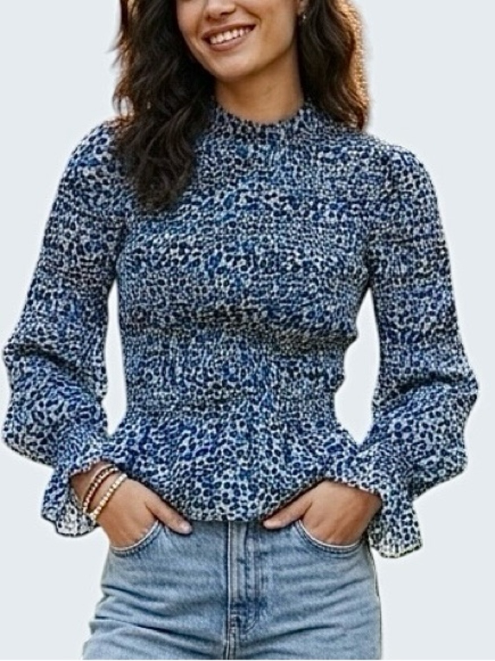 Express Blue Leopard Print Smocked Body Balloon Sleeve Top L
